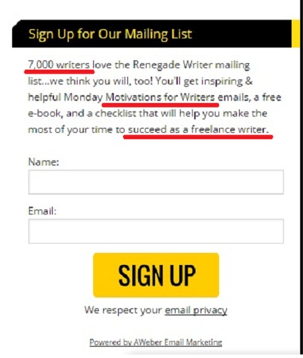 Social Proof Mailing Sign Up From Renegade Writers