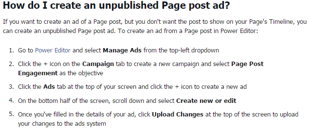 how to create a Facebook unpublished page post for ads